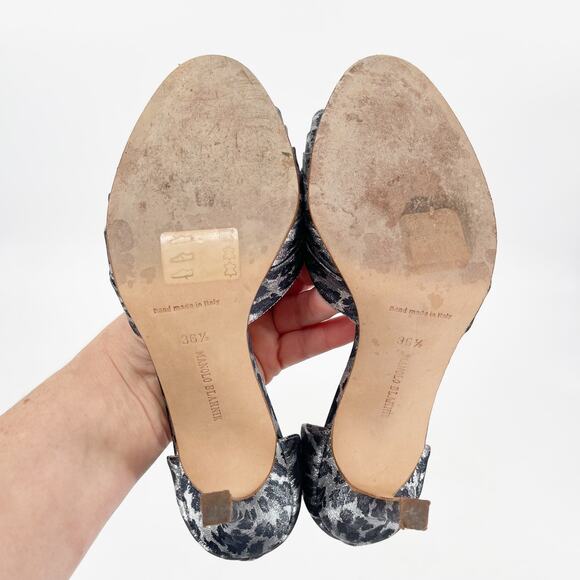 Manolo Blahnik Sedaraby Leopard Satin Crystal Buckle Peep Toe Heels IT 36.5 - Picture 12 of 13